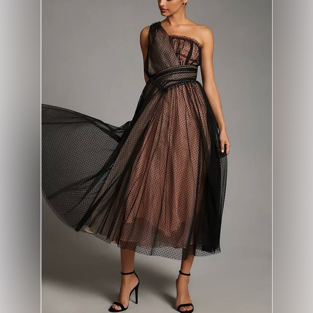 Anthropologie Black and Blush One-Shoulder Tulle Dress